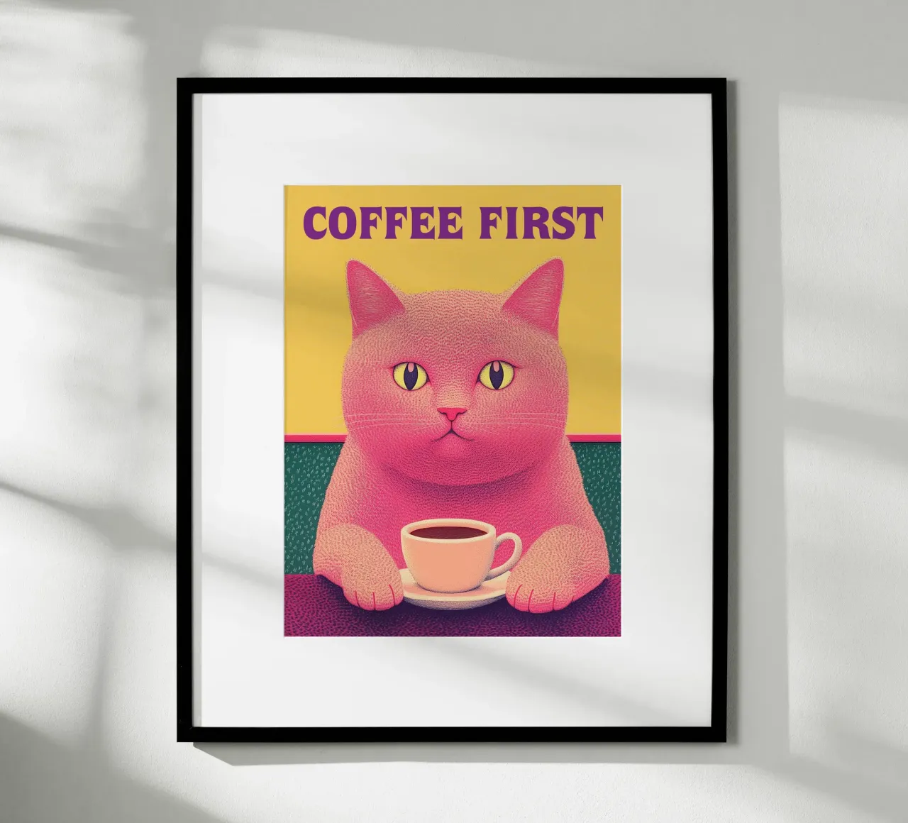 🐱☕ Coffee First – Funny Cat & Coffee Wall Art Print hahnemühle by Kaji