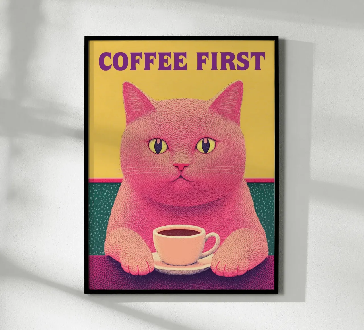 🐱☕ Coffee First – Funny Cat & Coffee Wall Art Print hahnemühle by Kaji