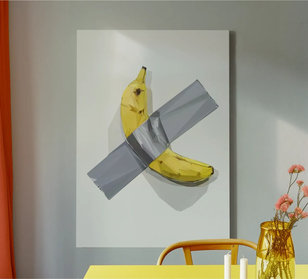 Banana on the wall canvas met Baklijst van Low poly art