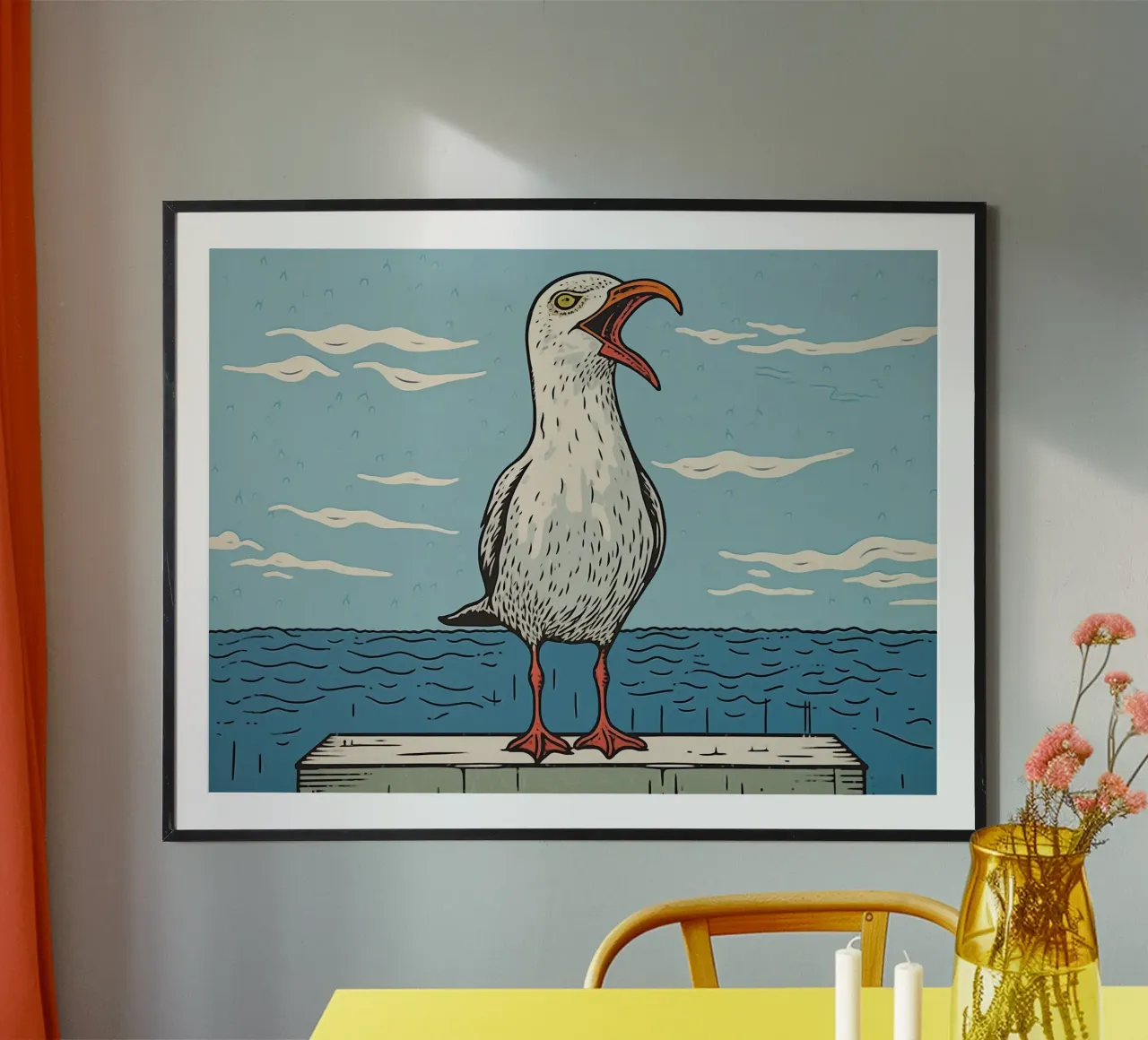 Gabbiano defedato | Grafica digitale tipo xilografia poster da Autofocus