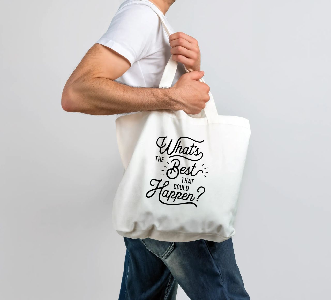 What's The Best That Could Happen Optimistic Zitat in Schwarz Jutebeutel von THE MOTIVATED TYPE