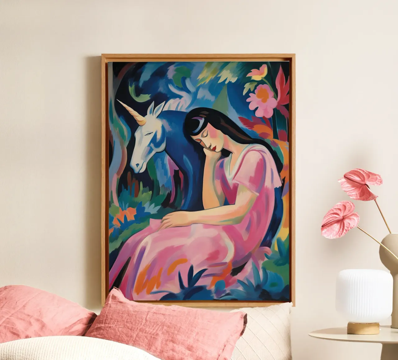 Donna con unicorno | Quadro di ispirazione espressionista tela con Cornice a cassetta da Autofocus