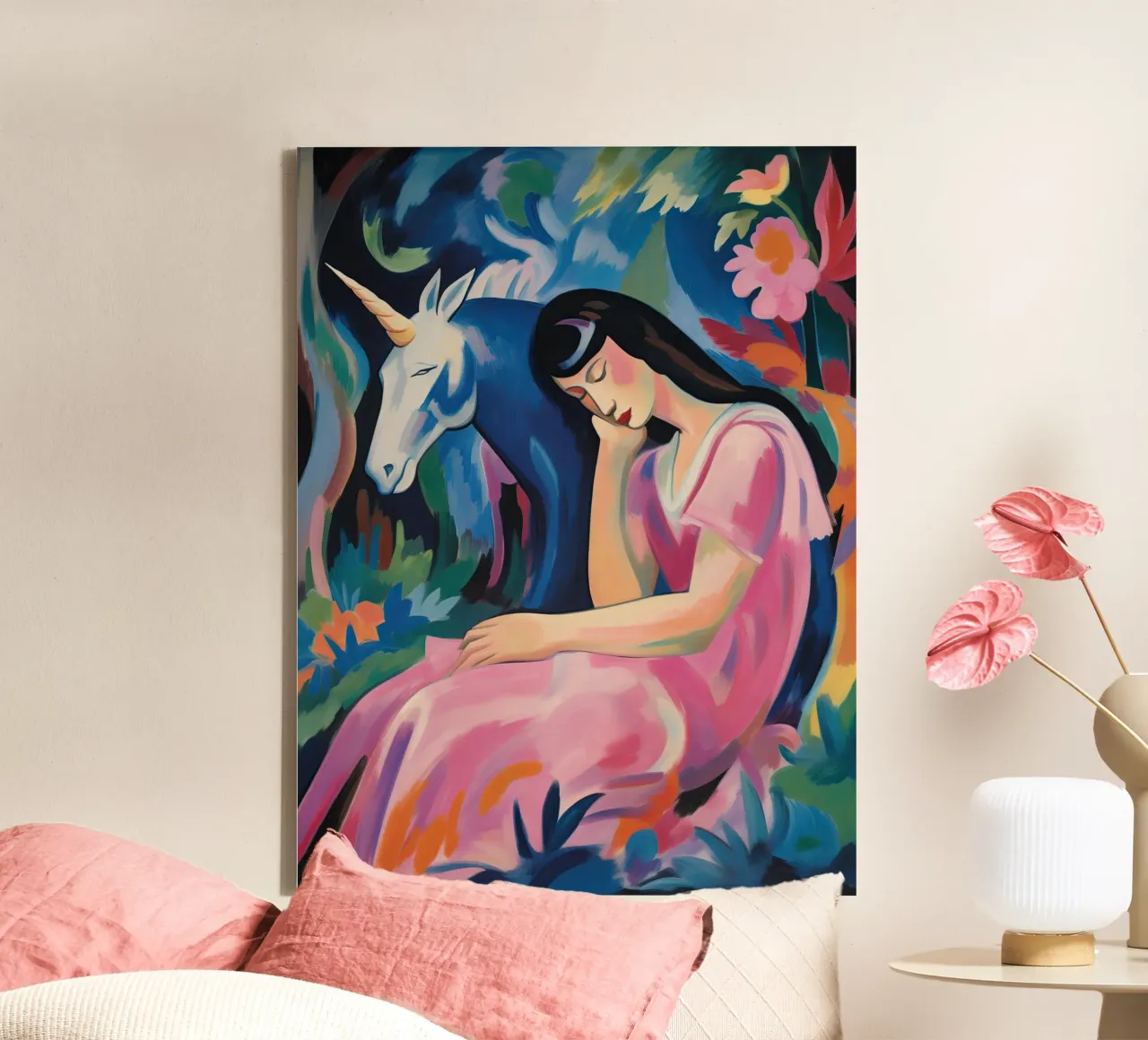 Donna con unicorno | Quadro di ispirazione espressionista tela con Cornice a cassetta da Autofocus