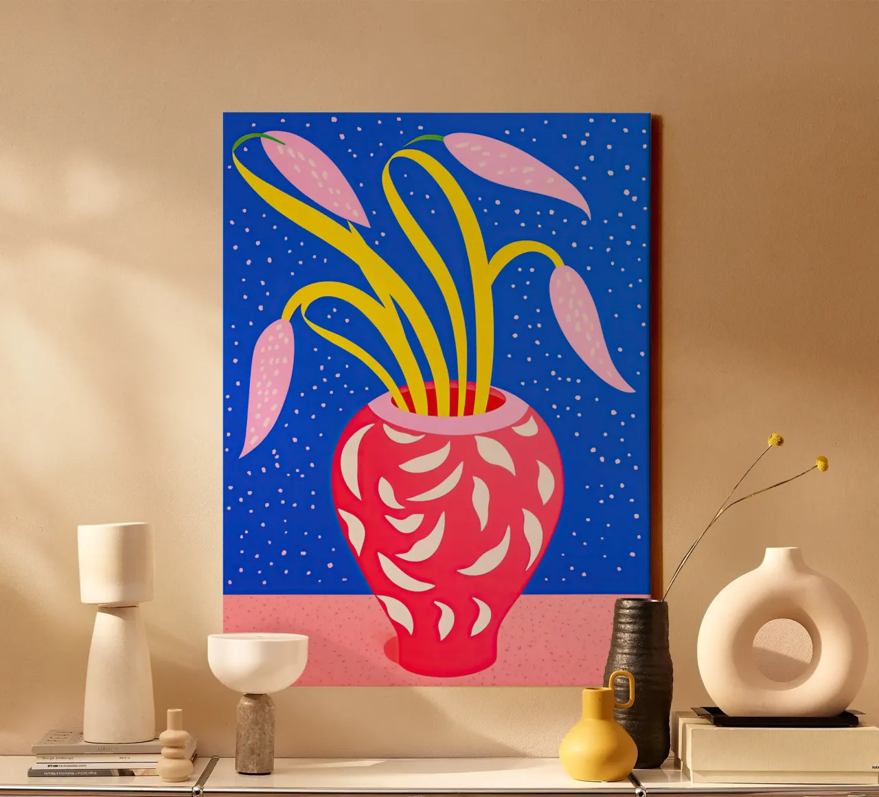 Pop art still life with vase and many dots canvas with Floater frame by Autofocus