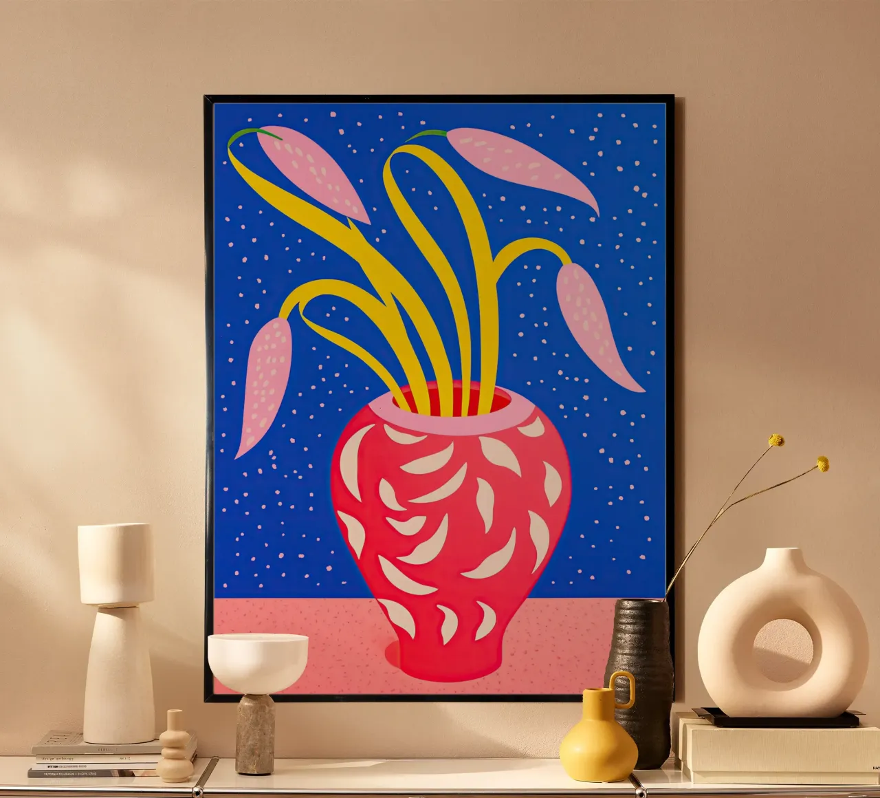 Natura morta pop art con vaso e tanti puntini poster con telaio in legno da Autofocus