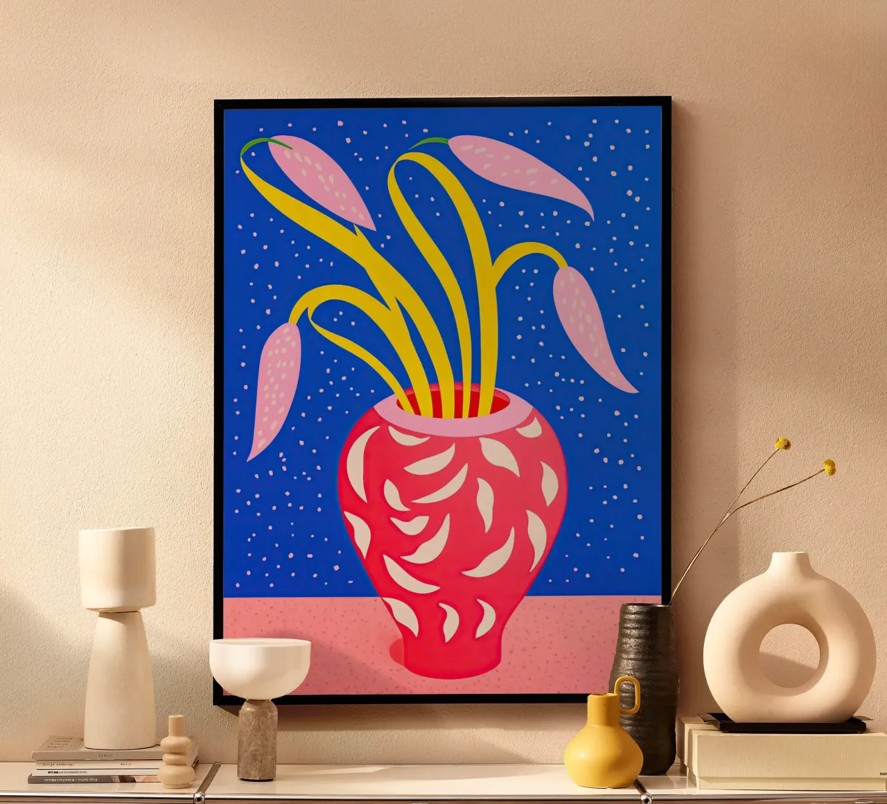 Natura morta pop art con vaso e tanti puntini poster con telaio in legno da Autofocus