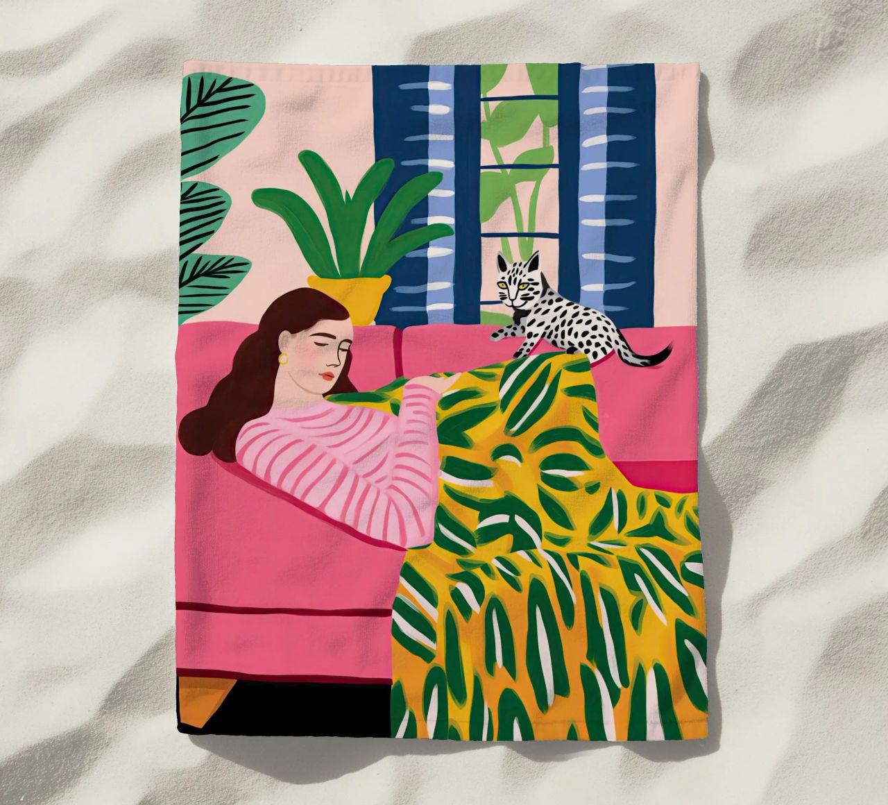 Il gatto vuole giocare | Illustrazione in stile Matisse telo mare da Autofocus