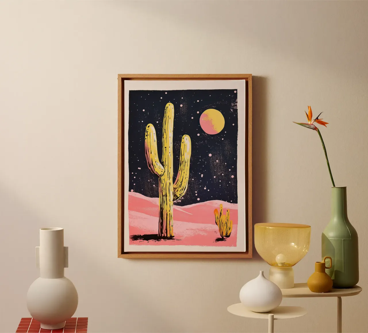Moon" cactus canvas by Nikis Art Studio