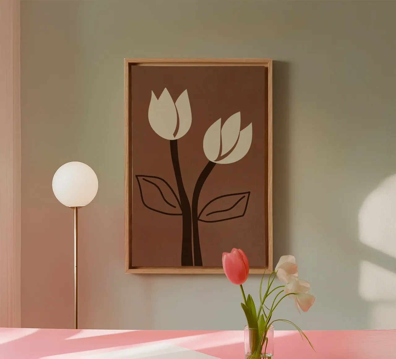 Decorative brown minimalist boho tulips canvas with Floater frame by Autofocus