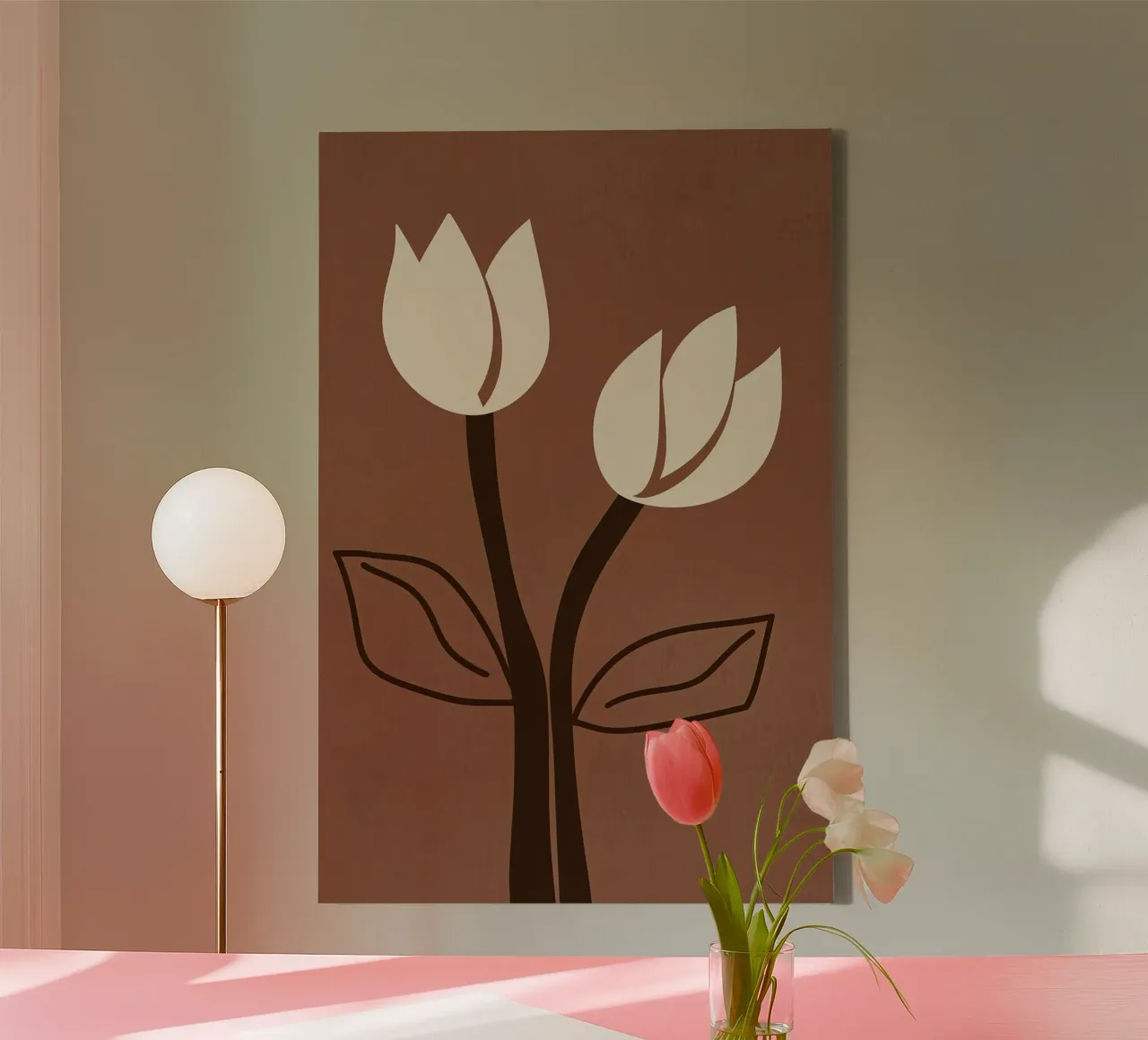Decorative brown minimalist boho tulips canvas with Floater frame by Autofocus