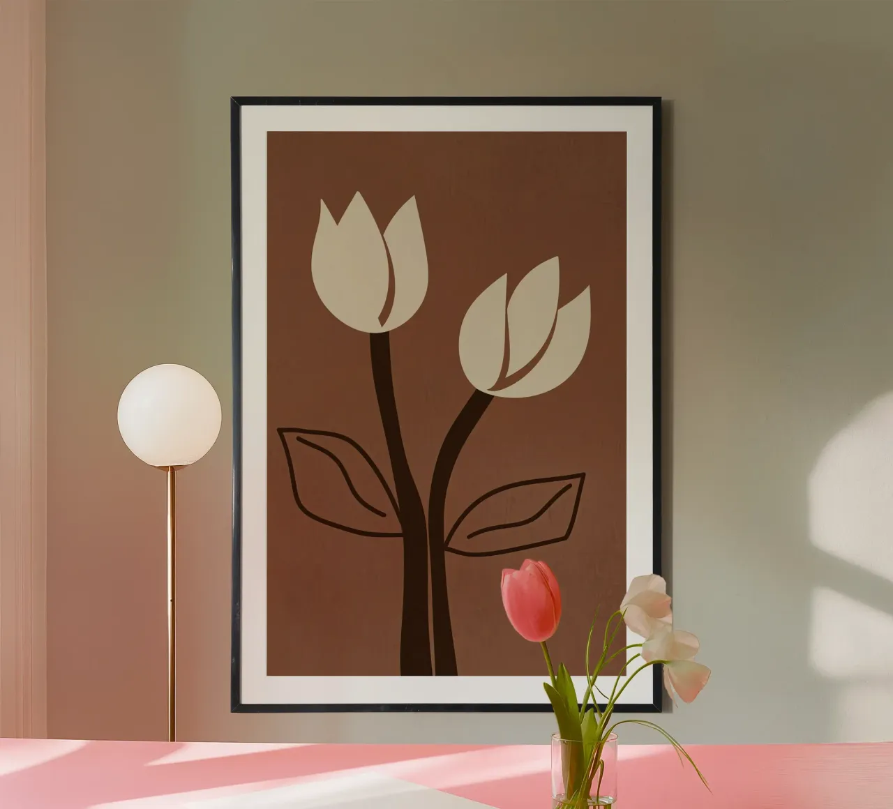 Decorative brown minimalist boho tulips poster with plastic frame by Autofocus