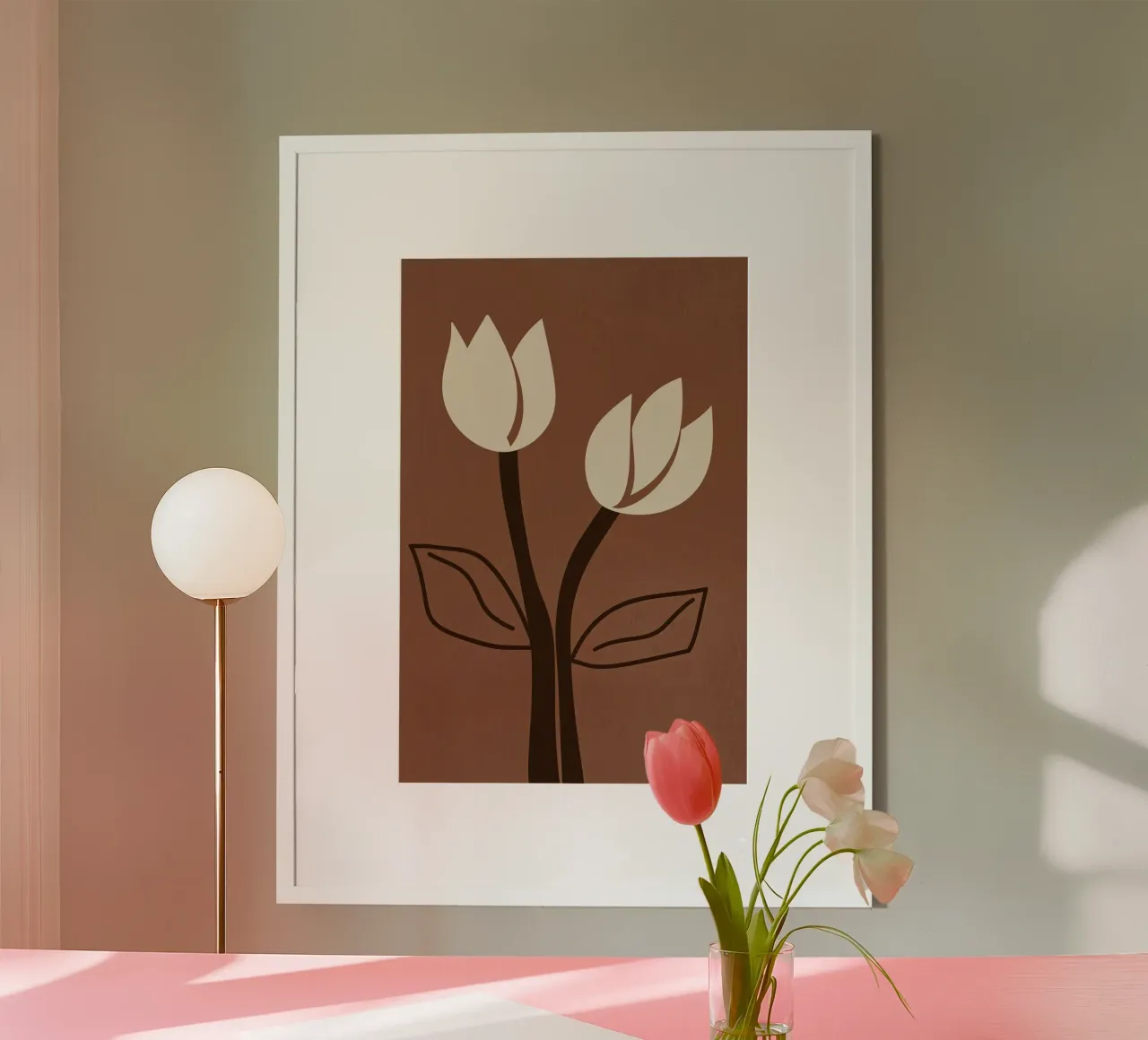 Decorative brown minimalist boho tulips poster with plastic frame by Autofocus