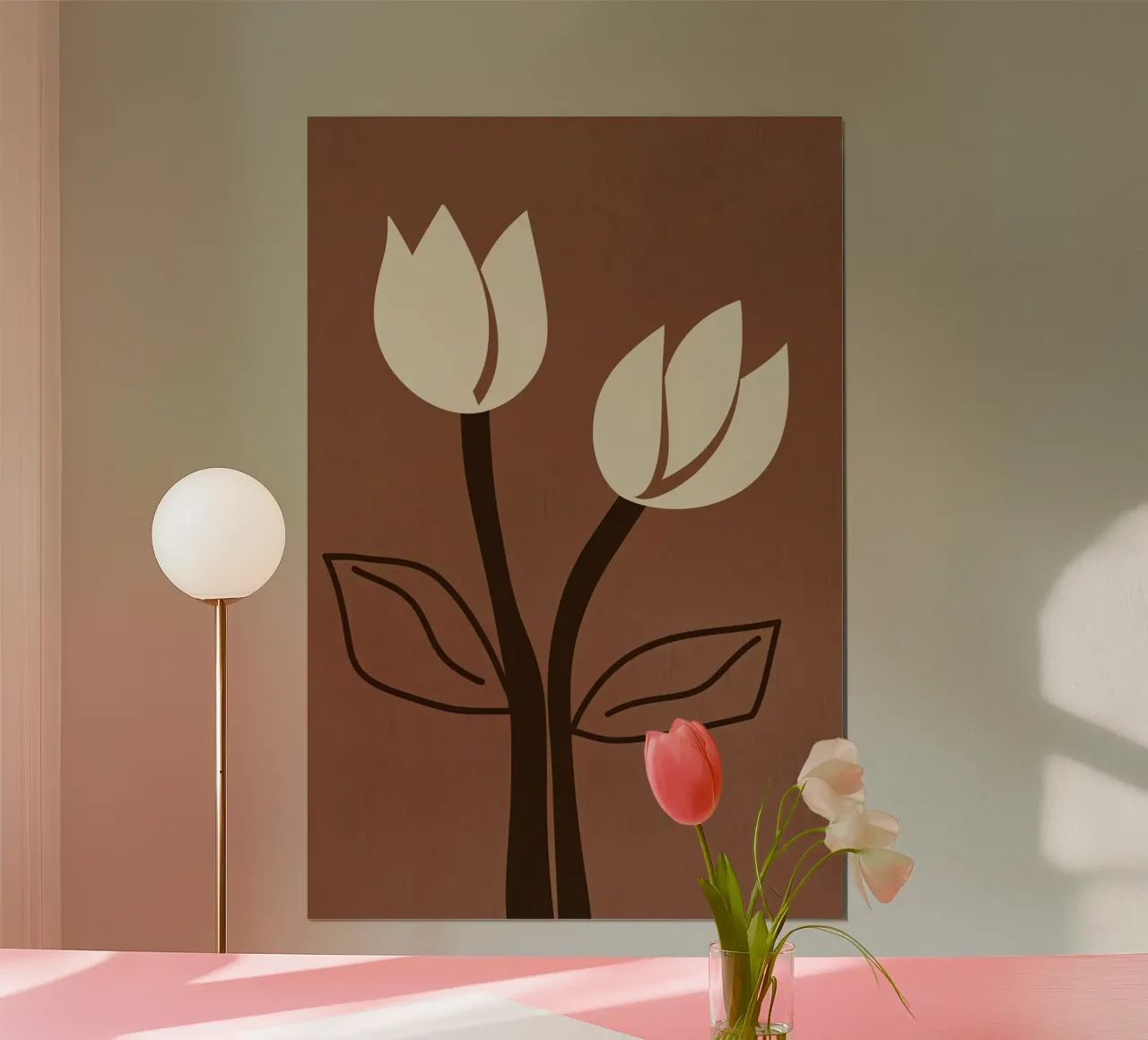 Decorative brown minimalist boho tulips poster with plastic frame by Autofocus