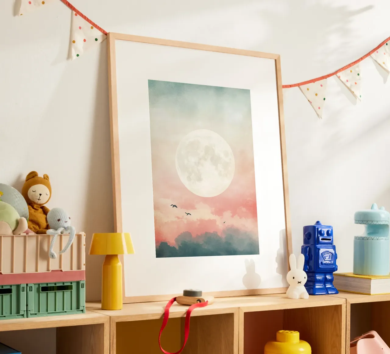 Moon Clouds Sky Birds poster by Nikis Art Studio