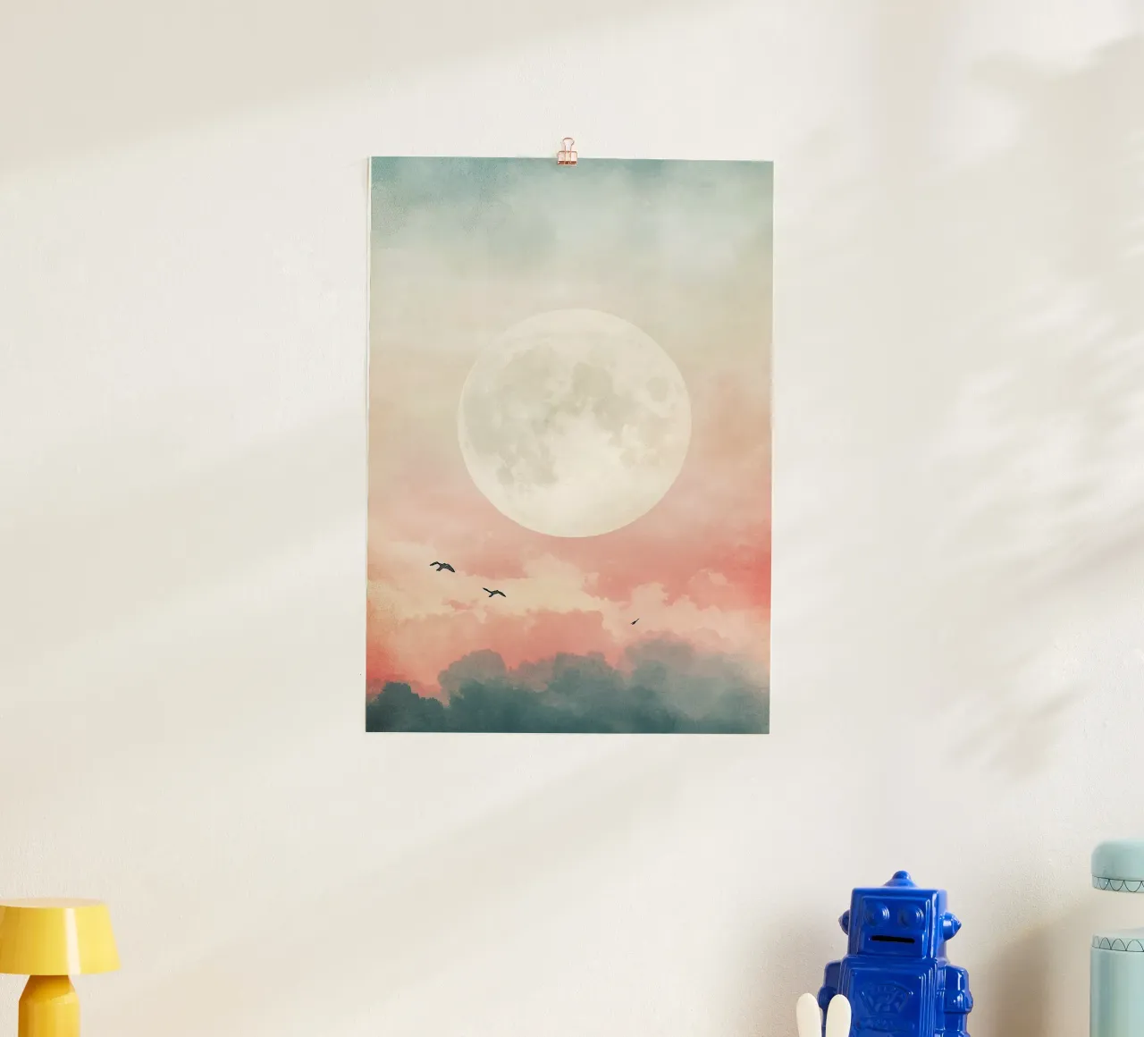 Moon Clouds Sky Birds poster by Nikis Art Studio