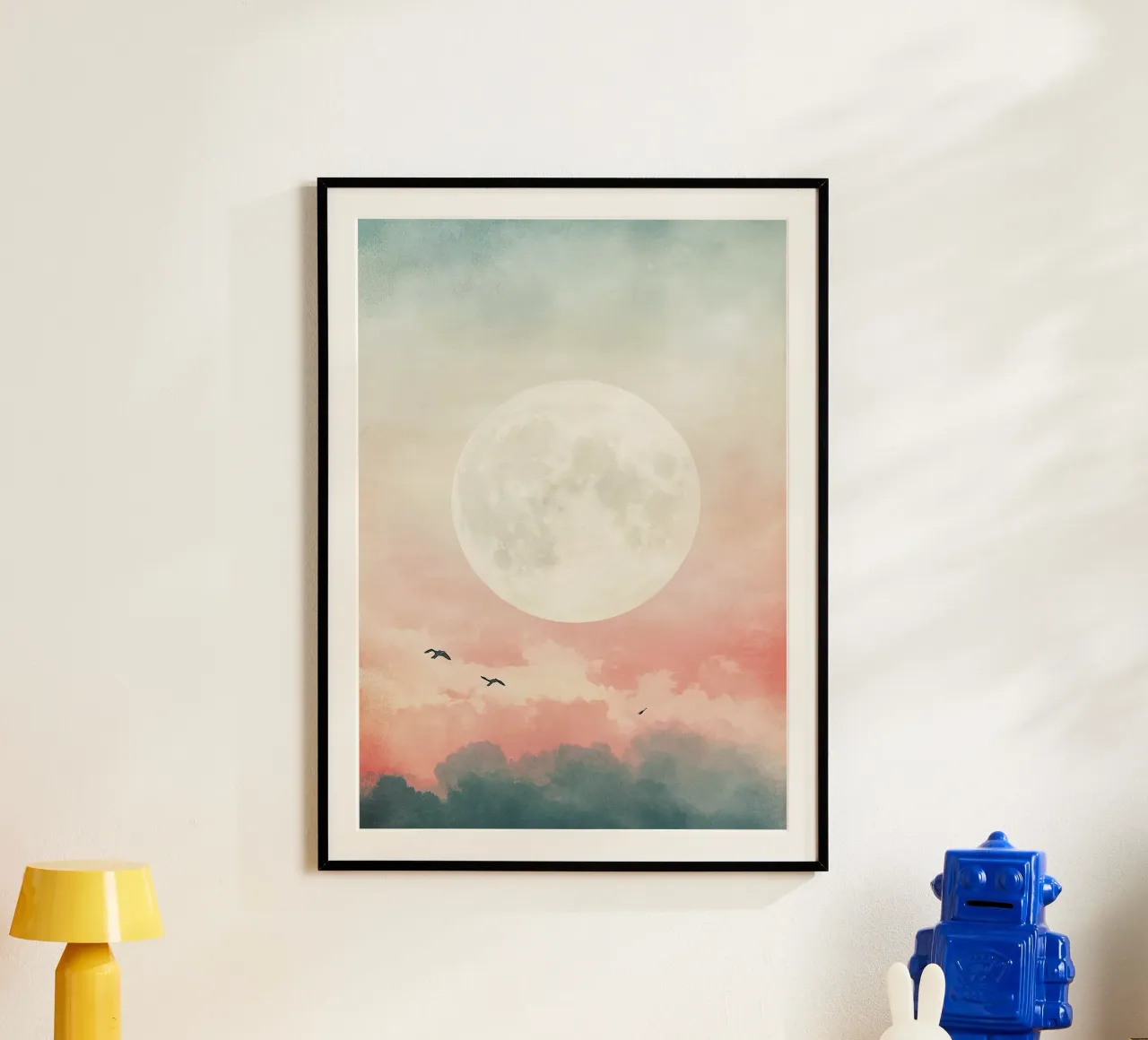 Moon Clouds Sky Birds poster by Nikis Art Studio