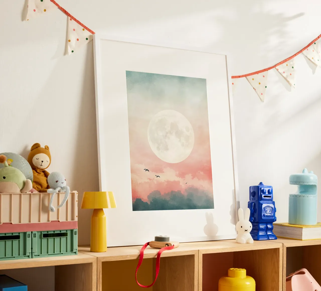 Moon Clouds Sky Birds poster by Nikis Art Studio