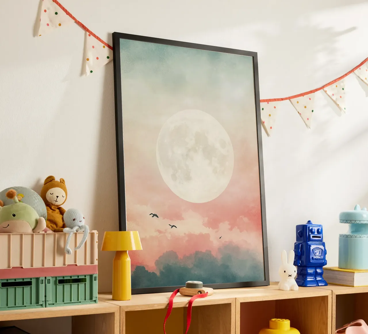 Moon Clouds Sky Birds poster by Nikis Art Studio