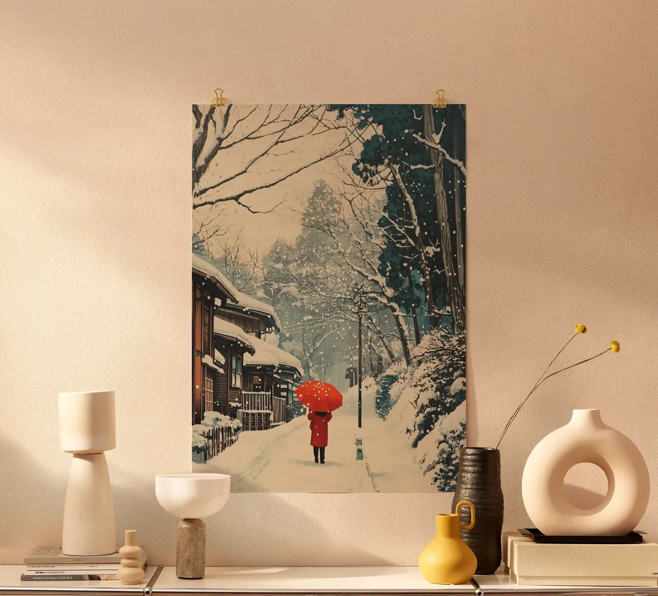 Stampa d'arte giapponese: Nella neve poster con telaio in legno da Ukiyo Visions