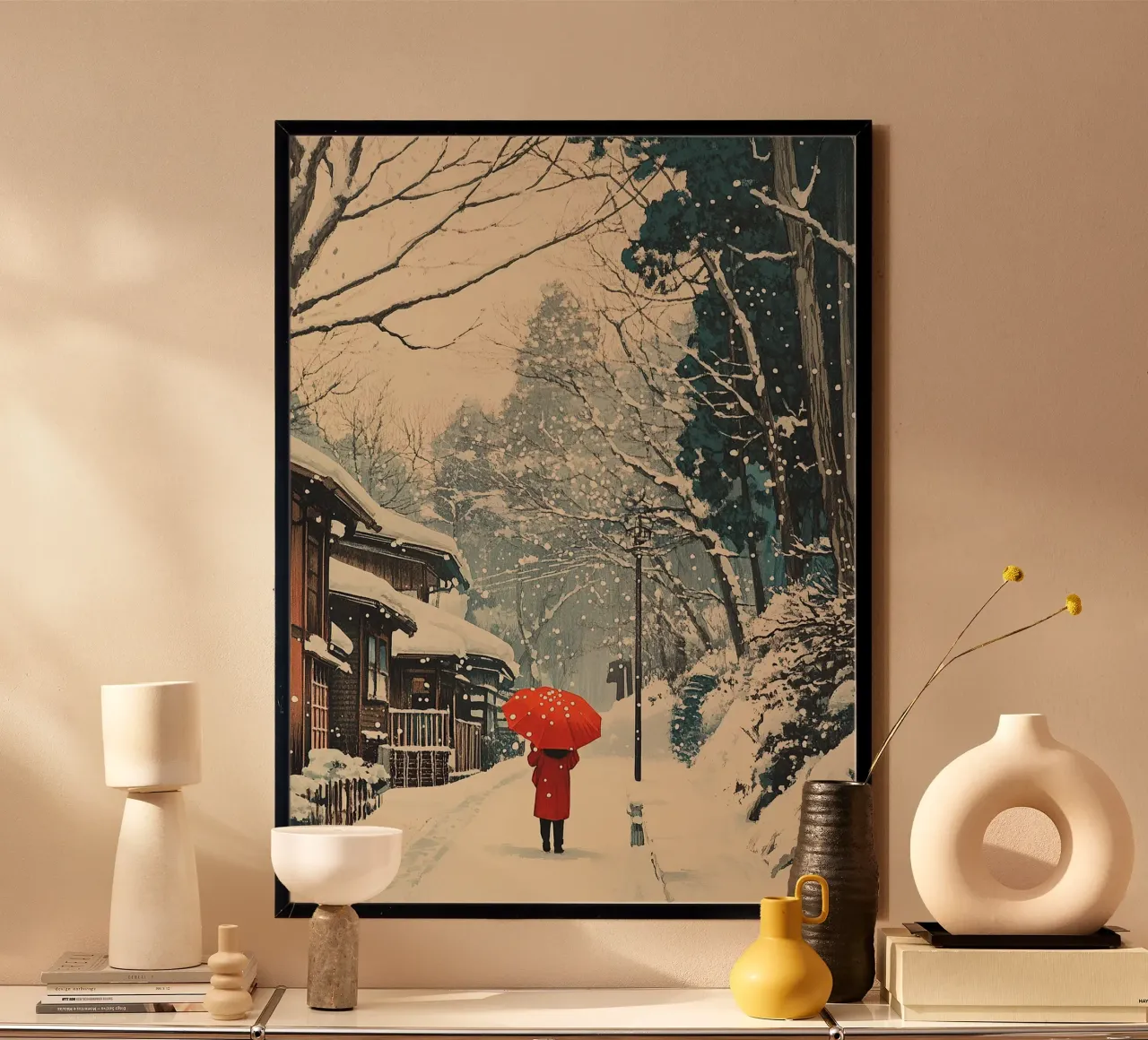Stampa d'arte giapponese: Nella neve poster con telaio in legno da Ukiyo Visions