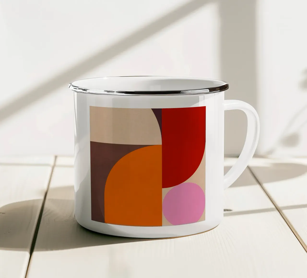Composizione geometrica minimale Mid Mod e Bauhaus di ispirazione 1/2 tazza in smalto da Dominique Vari Abstract