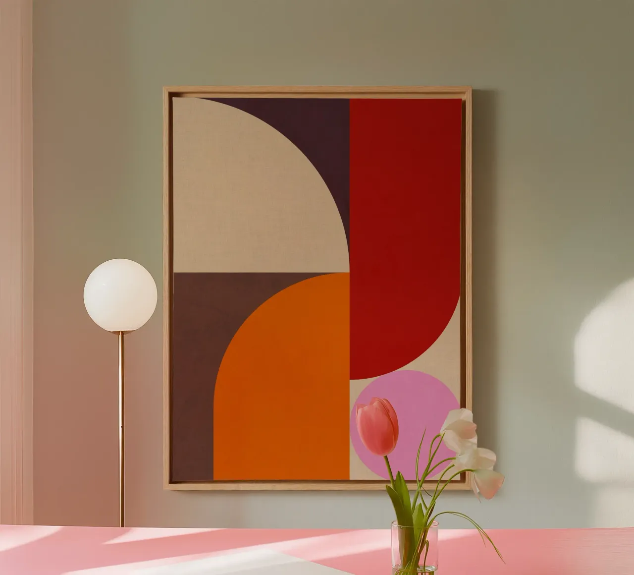 Composizione geometrica minimale Mid Mod e Bauhaus di ispirazione 1/2 tela da Dominique Vari Abstract
