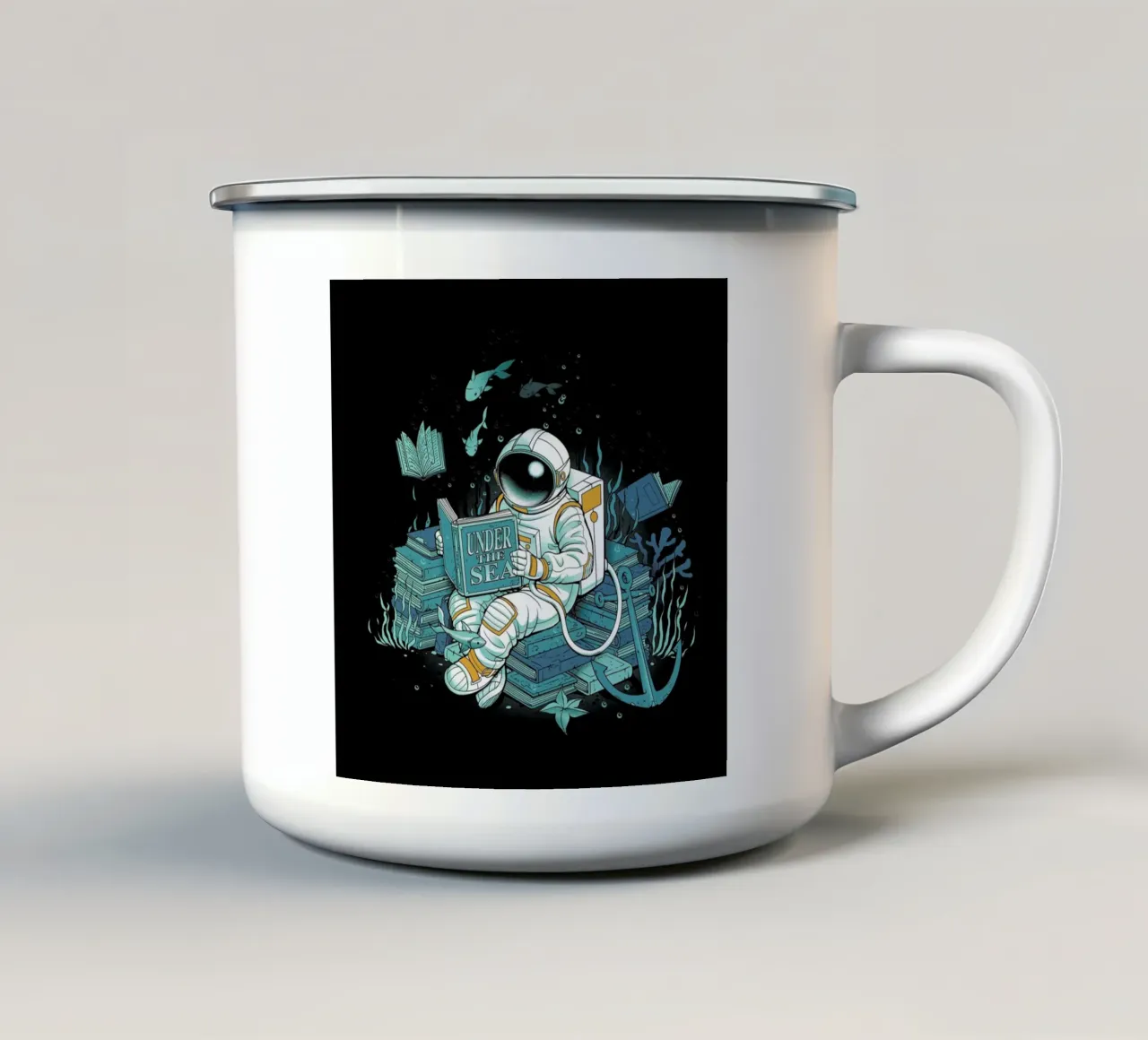 A reader lives a thousand lives - Cosmonaut Under The Sea tazza in smalto da Tobe Fonseca