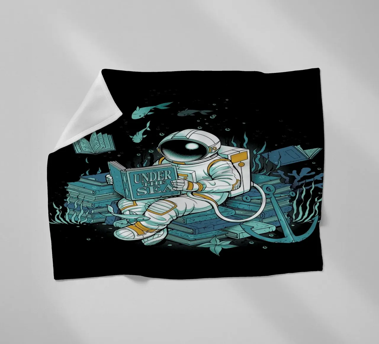 A reader lives a thousand lives - Cosmonaut Under The Sea fleece blanket by Tobe Fonseca