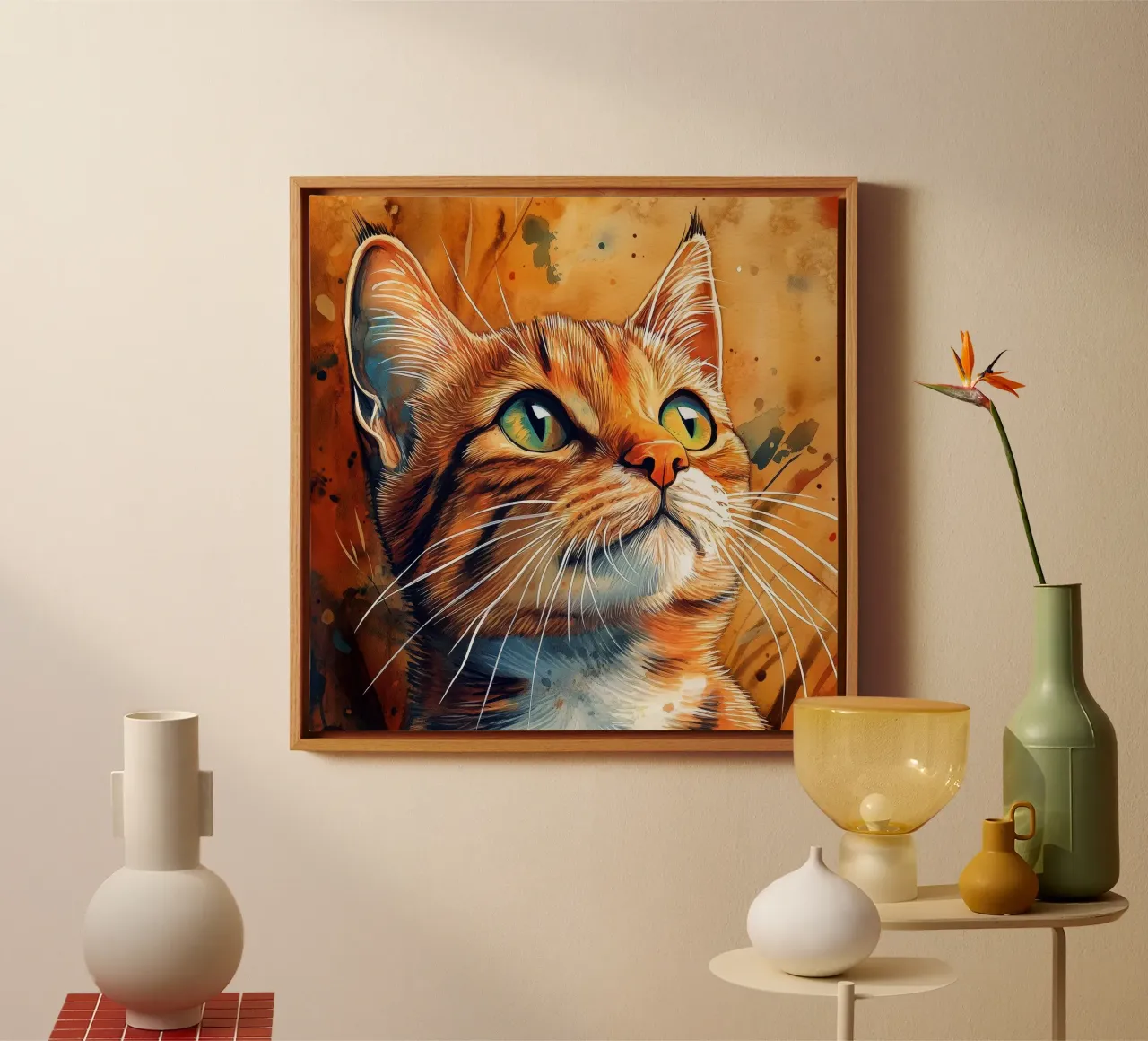 Ginger cat Henry canvas with Floater frame by Justyna Jaszke JBJart