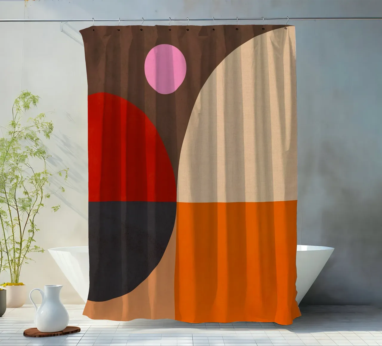 Composizione geometrica audace di ispirazione Bauhaus e Mid Mod 2/2 tenda da doccia da Dominique Vari Abstract