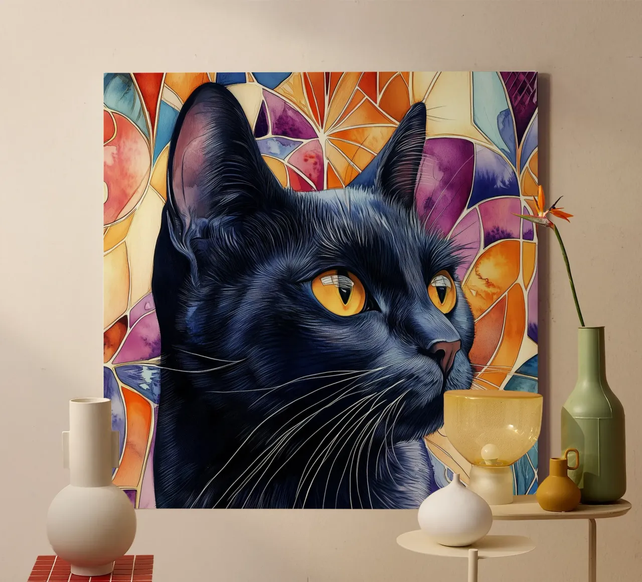 Zwarte kat Rocky canvas met Baklijst van Justyna Jaszke JBJart