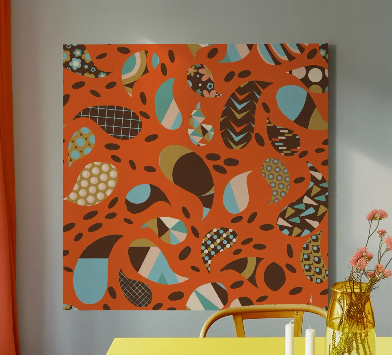 Retrò Boho Patchwork Paisley Arancione - Caldo Mid-Century Modern tela con Cornice a cassetta da susanacosta