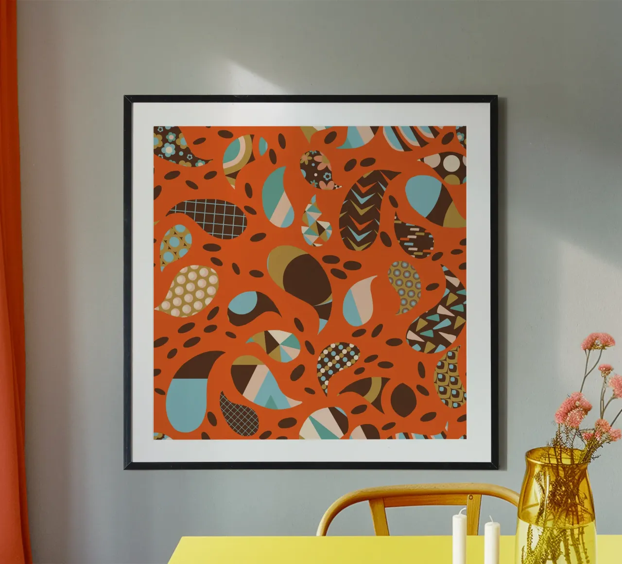 Retro Boho Patchwork Paisley Naranja- Cálido Moderno de mediados de siglo poster con marco de aluminio de susanacosta