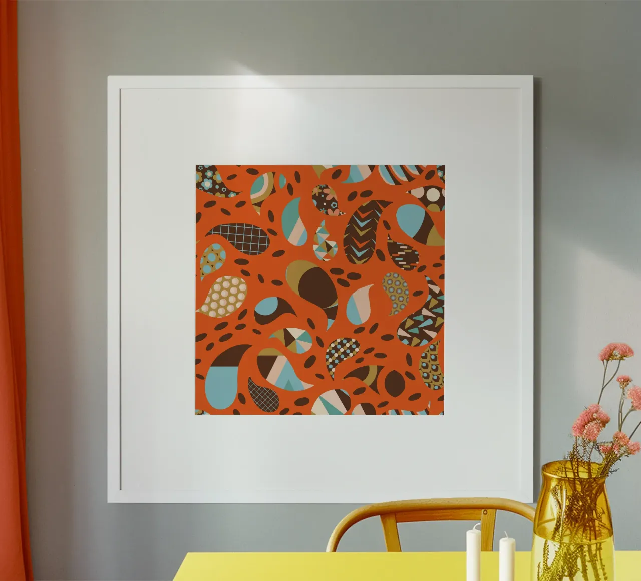 Retro Boho Patchwork Paisley Naranja- Cálido Moderno de mediados de siglo poster con marco de aluminio de susanacosta
