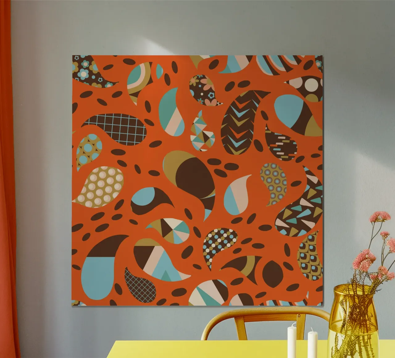 Retro Boho Patchwork Paisley Naranja- Cálido Moderno de mediados de siglo poster con marco de aluminio de susanacosta