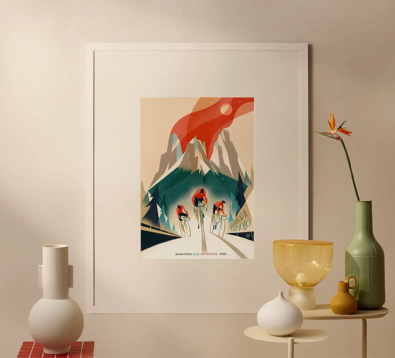 maratona dles dolomieten.png poster met houten frame van diadang