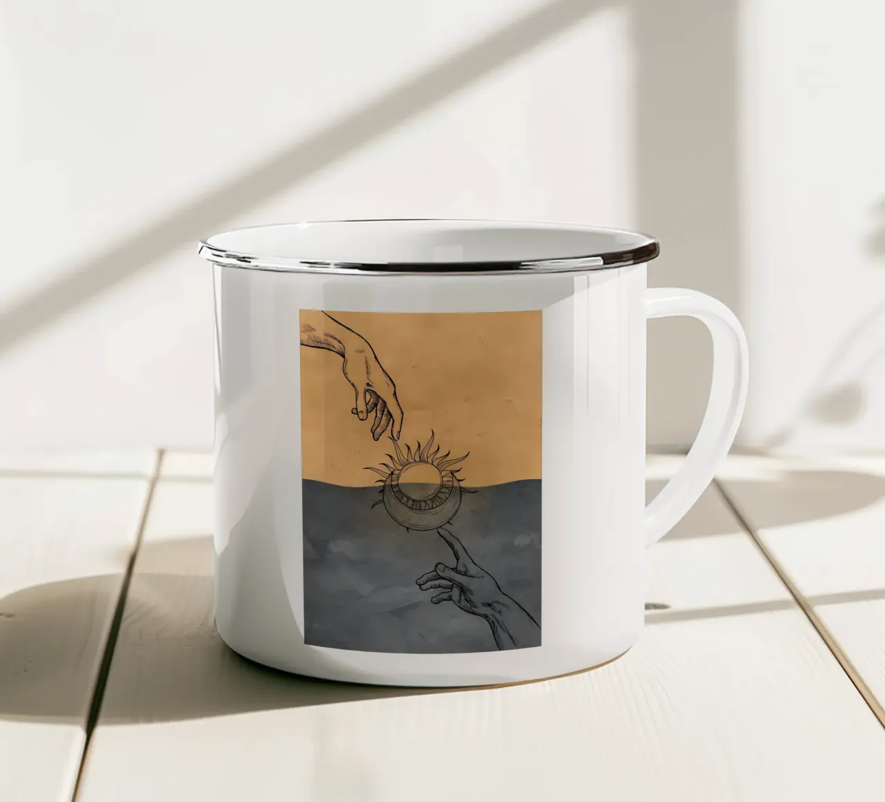 Minimalist wall art, sun and moon boho wall decor Michelange enamel mug by diadang