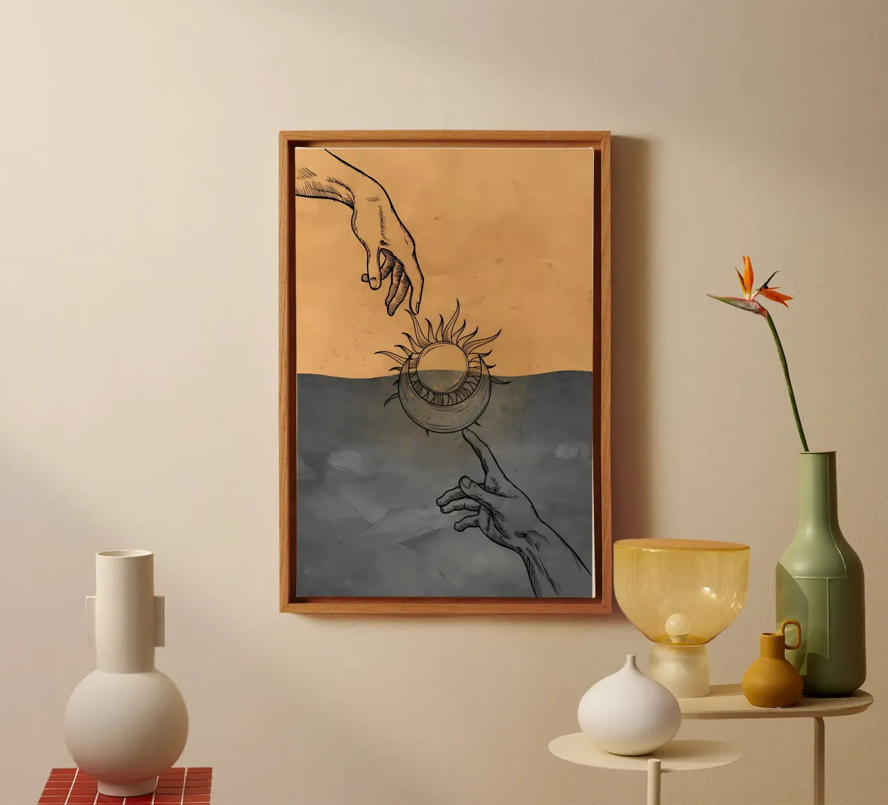 Arte murale minimalista, decorazione murale boho sole e luna Michelange tela con Cornice a cassetta da diadang