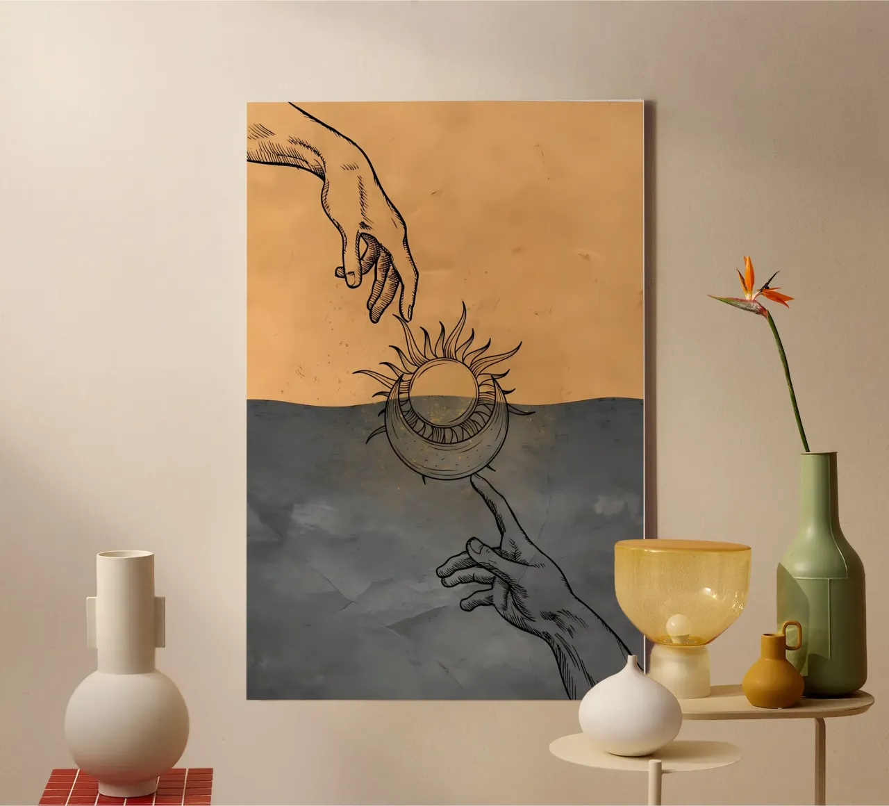 Arte murale minimalista, decorazione murale boho sole e luna Michelange tela con Cornice a cassetta da diadang