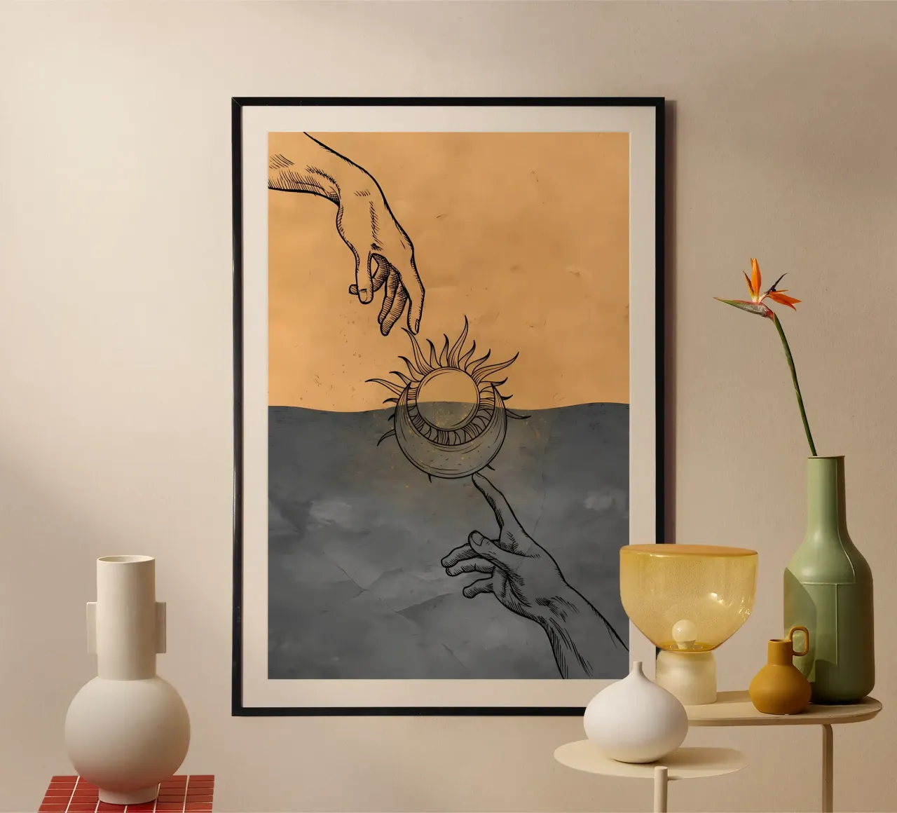Arte murale minimalista, decorazione murale boho sole e luna Michelange poster con telaio in plastica da diadang