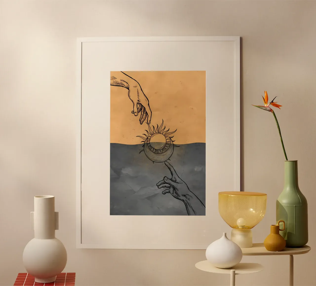 Arte murale minimalista, decorazione murale boho sole e luna Michelange poster con telaio in plastica da diadang