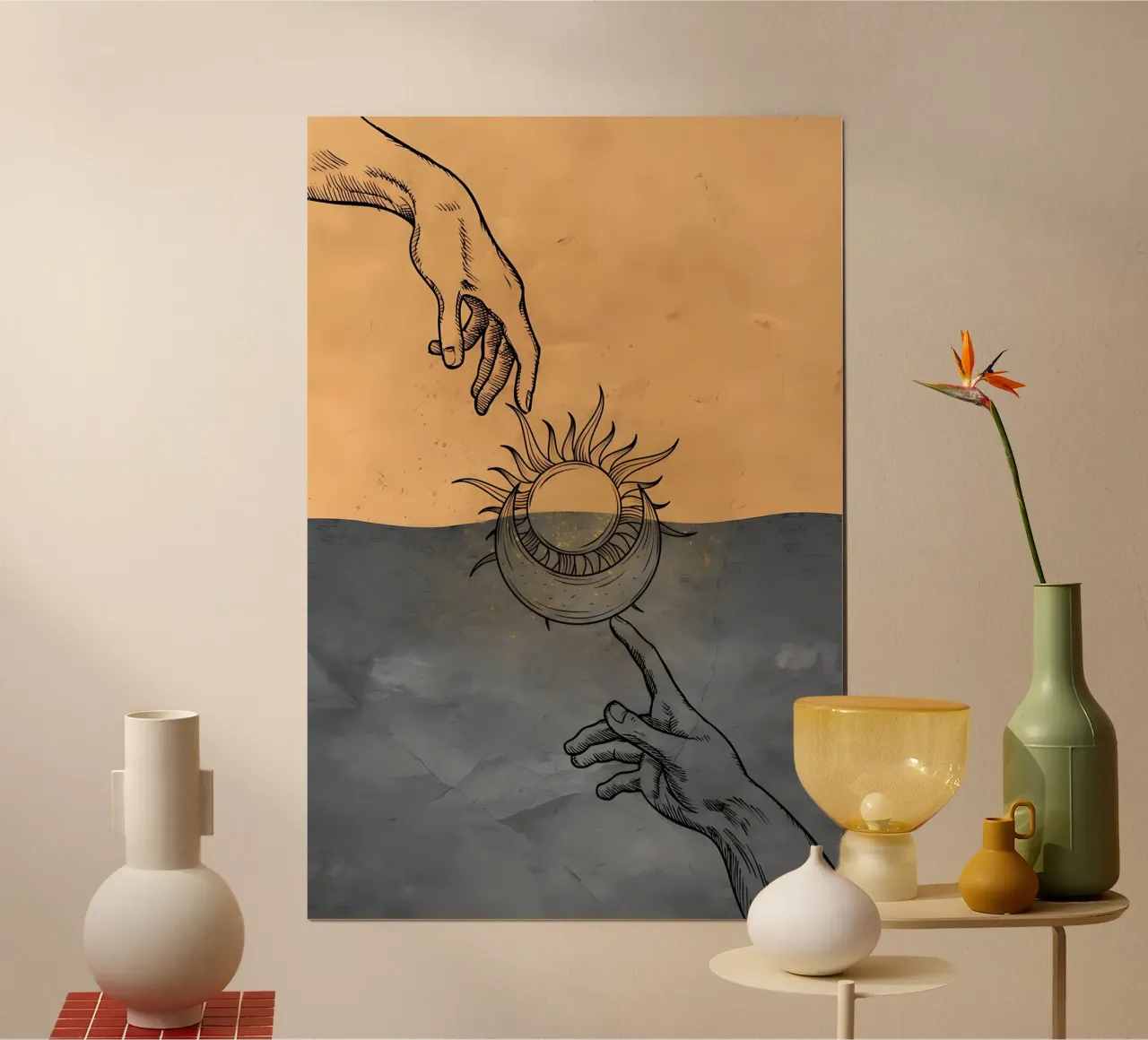 Arte murale minimalista, decorazione murale boho sole e luna Michelange poster con telaio in plastica da diadang