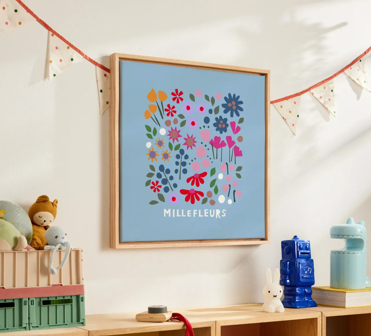 Millefleur hellblau canvas met Baklijst van Iris Knabenschuh Design