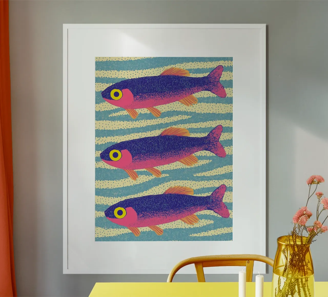 Tropischer Fisch Meer Sardine Lebendige Farbe Ozean Küste Poster mit Holzrahmen von Kaji