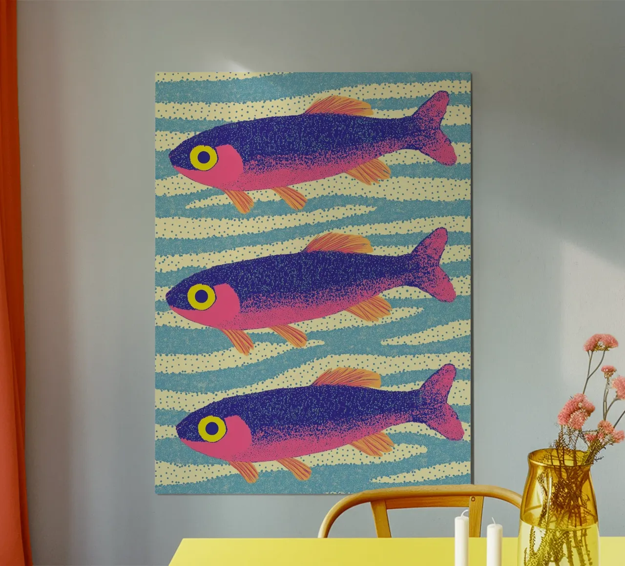 Tropischer Fisch Meer Sardine Lebendige Farbe Ozean Küste Poster mit Holzrahmen von Kaji