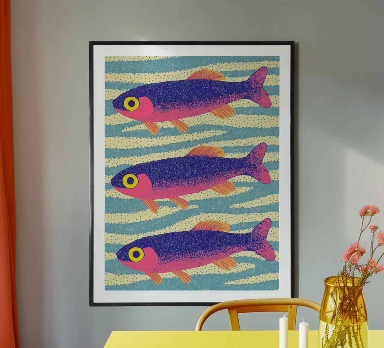 Tropischer Fisch Meer Sardine Lebendige Farbe Ozean Küste Poster mit Holzrahmen von Kaji