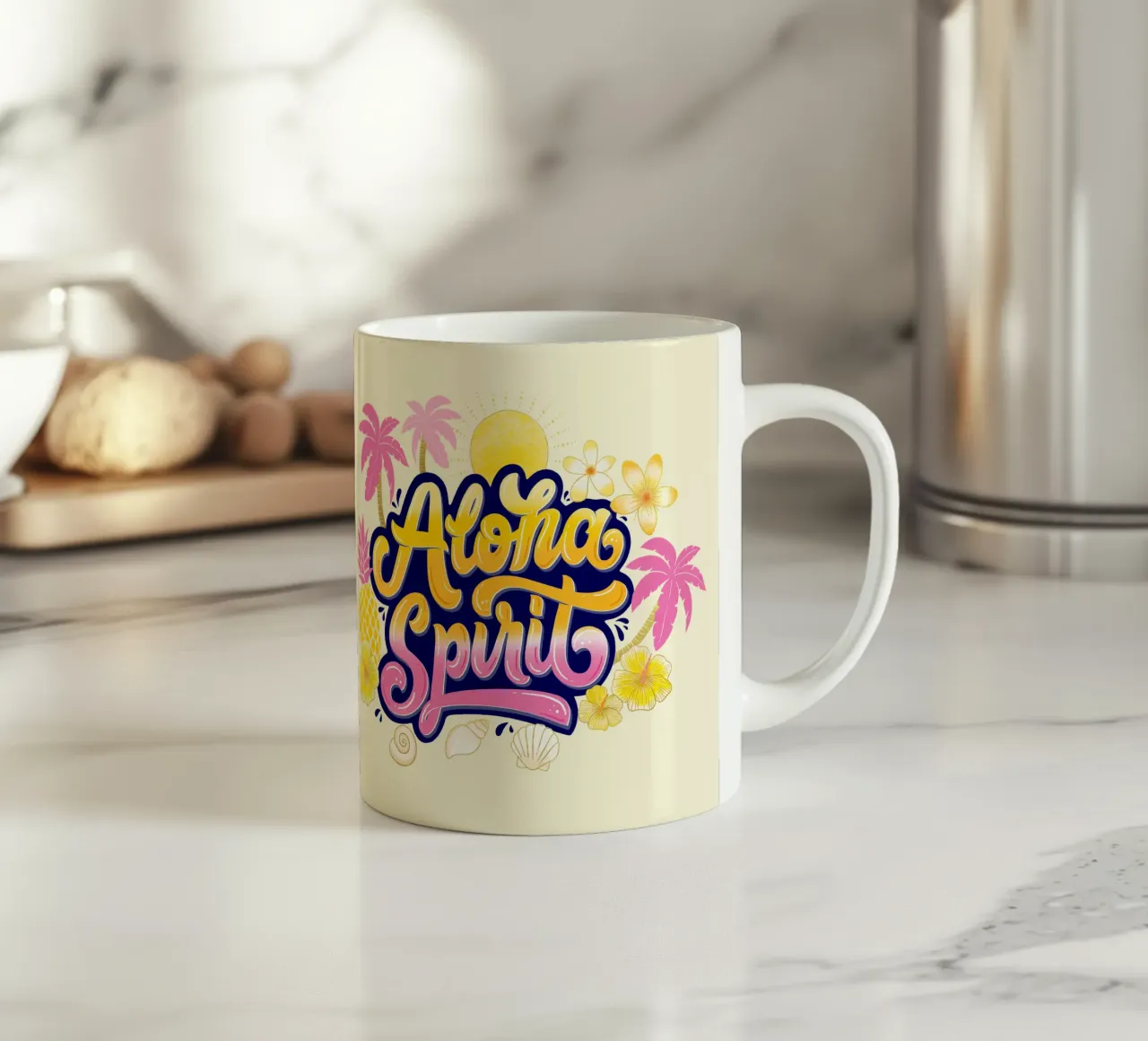 Spirito Aloha con ananas e palme. Scrittura a mano. tazza in ceramica da CalliLetters
