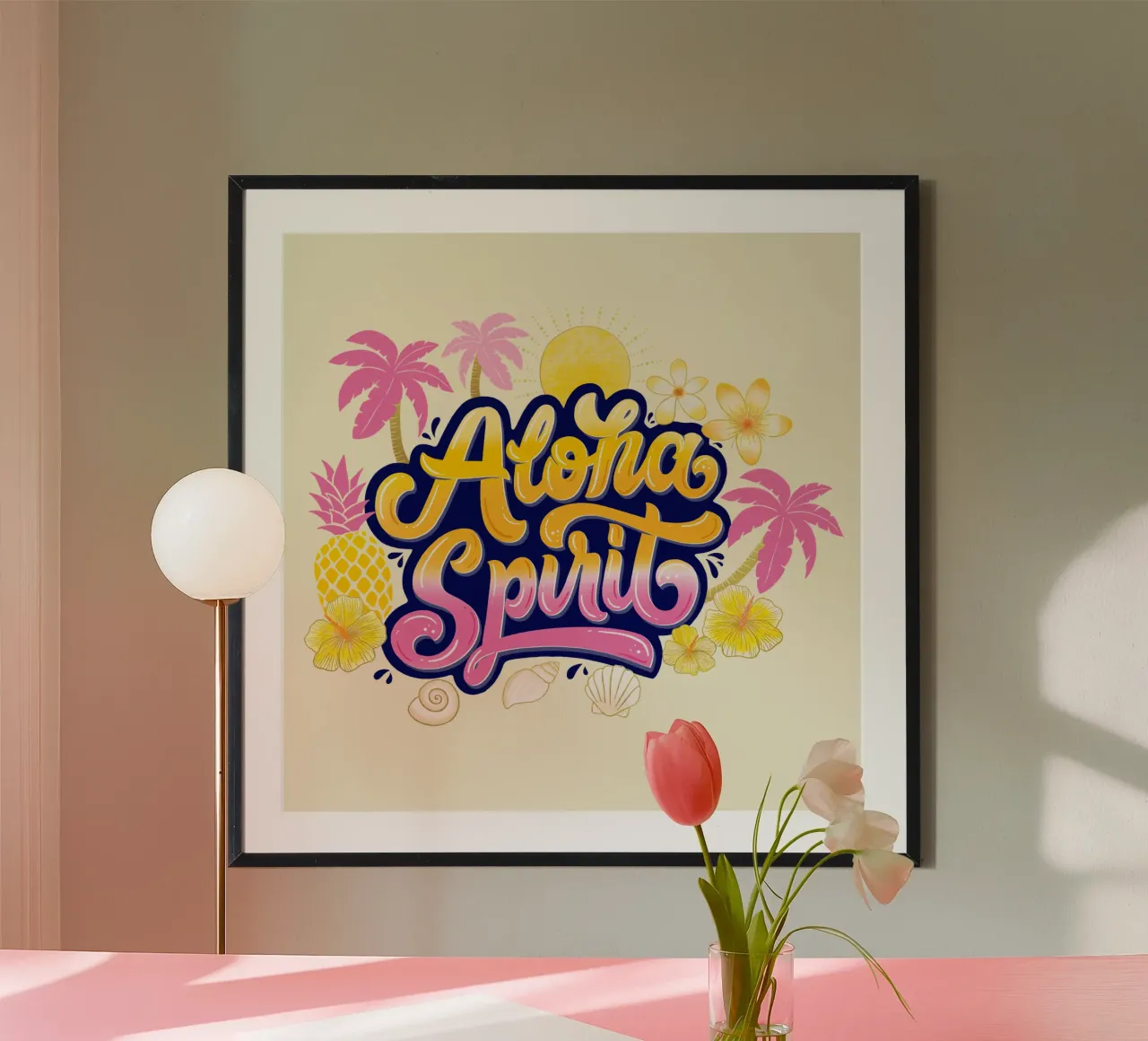Spirito Aloha con ananas e palme. Scrittura a mano. carta hahnemühle da CalliLetters