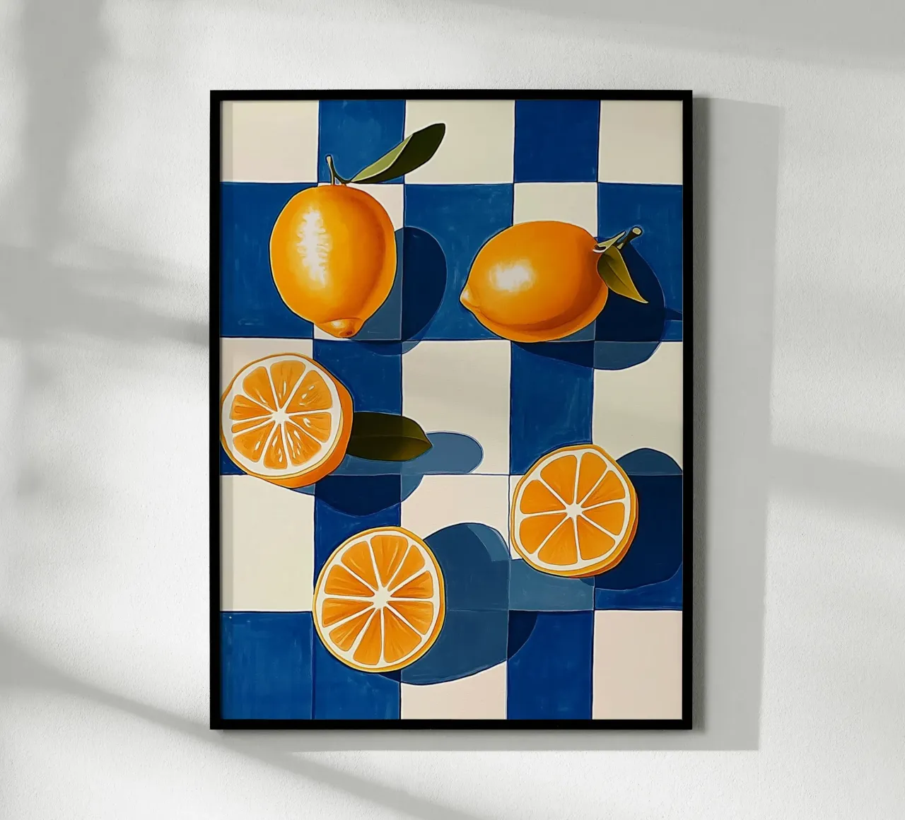 Limoni e scacchiera blu poster con telaio in alluminio da Spice & Style