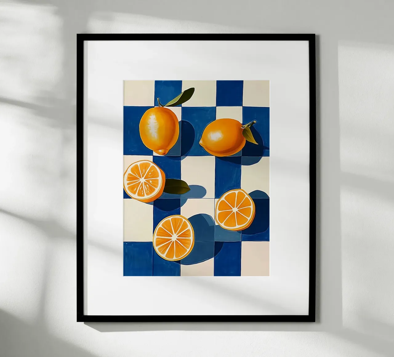 Limoni e scacchiera blu poster con telaio in alluminio da Spice & Style
